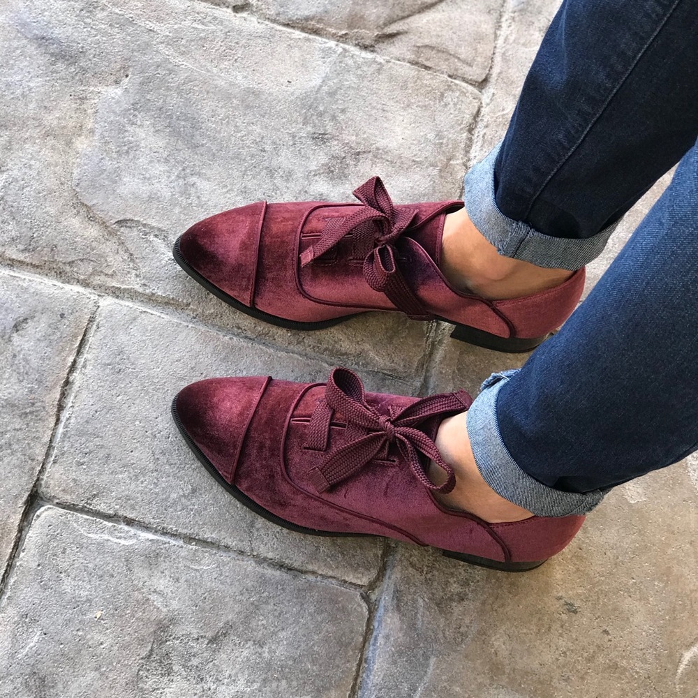 Red Wine Velvet Soft Thick Laces Boyfriend Loafers - Picture 3 of 8